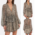 Summer Fashion Leopard Print Printed V-neck High Waist Lantern Sleeve Women 's Dress