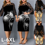 Autumn Digital Printing Lace Stitching 3/4 Sleeve Dress Large Size Women's Clothing