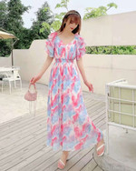 Summer Elastic Waist Sling Midi Dress A- Line Dyed Chiffon Short Sleeve