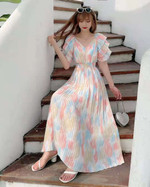 Summer Elastic Waist Sling Midi Dress A- Line Dyed Chiffon Short Sleeve