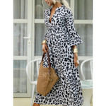 Leopard Print Long Sleeve V-neck Swing Dress For Women