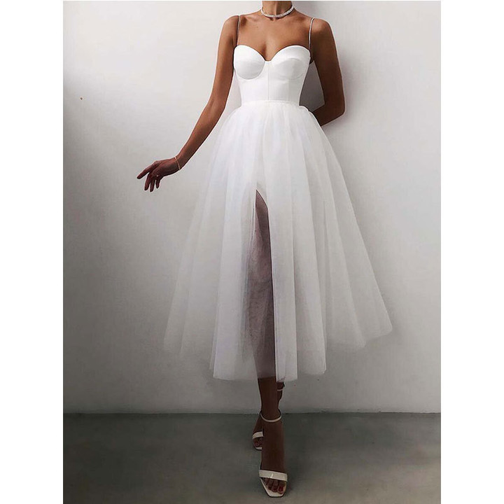 White Sexy Straps Tulle Dress Evening Dresses