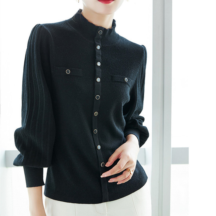 Winter Single-breasted Korean Style Base Mintcream Stand Collar Temperament Commute Cardigan Black Knitted Solid Color Bottoming Shirt