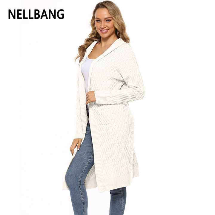 Twist Solid Color Retro Loose Knitted Cardigan Winter Thickened Women 's Sweater Coat Hooded Long Clothing