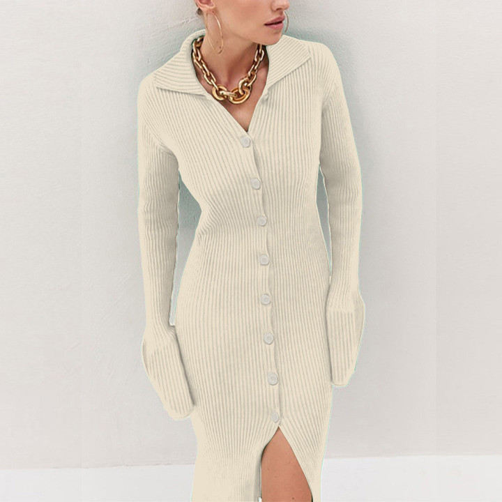 Long Sleeve Lapel Cardigan Button Bell Bedford Cord Sweater Maxi Dress Long Dresses