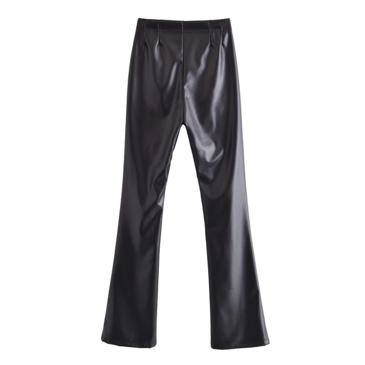 Black Stretch Slim Horn Leather Pants Women's Casual Slacks Bottoms