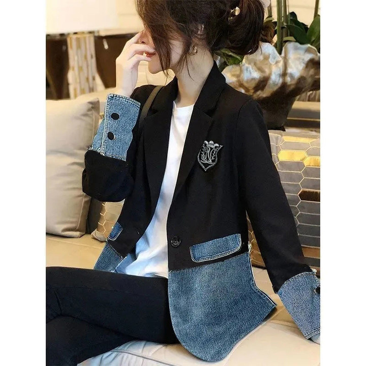 Women's Clothing European Goods Trendy Black Temperament Suit Stitching Denim Fashionable Jacket Blazers