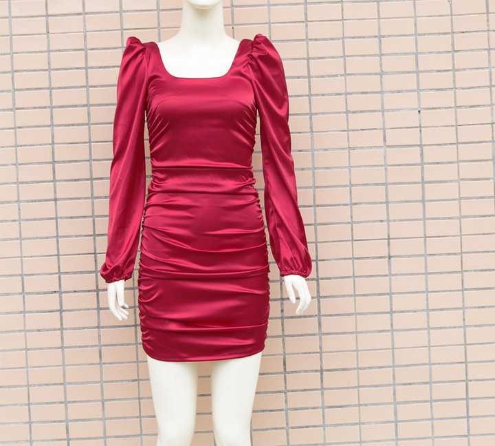 Women's Autumn Square Collar Long Sleeve Slim-fit Sheath Dress Skinny Dresses
