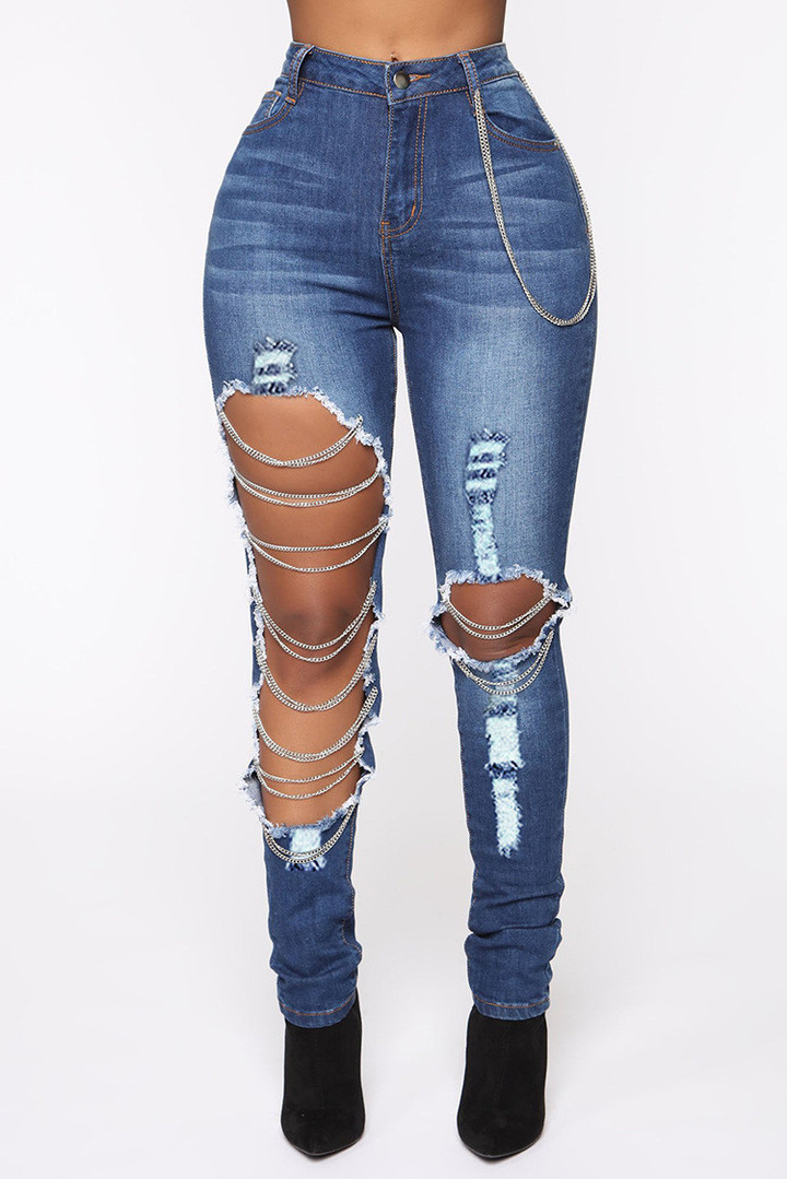 Early Spring Style Big Ripped Jeans Women's Chain Ornaments Stretch Cotton Tappered Pants