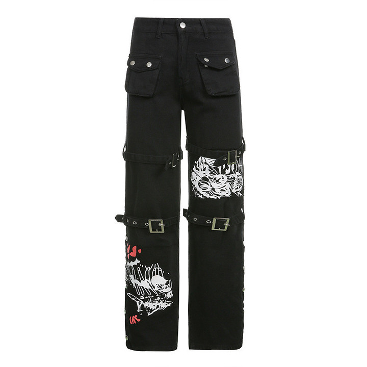 Fashion Street Cool Cover Personalized Printed Contrast Color Metal Buckle Belt Slightly Flared Denim Trousers Jeans
