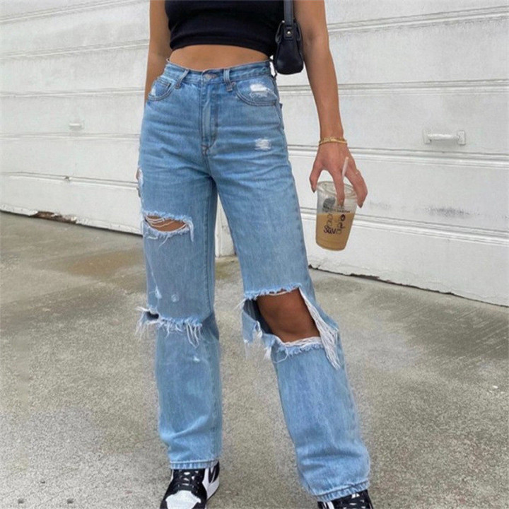 Women's High Waist Ripped Wide-legged Thin Jeans