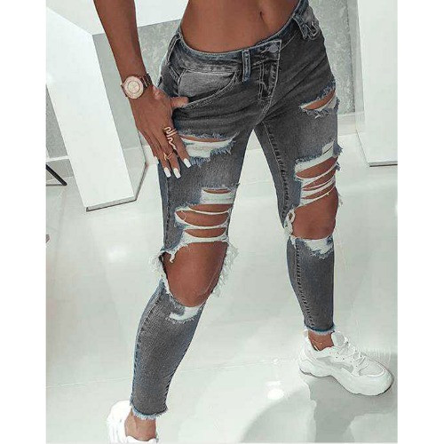 Autumn Trousers Women's Washed Elastic Hole Casual Denim Jeans