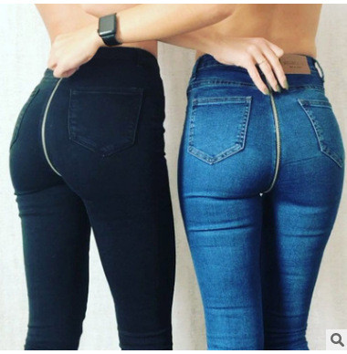 Sexy Hip Personality Back Zipper Nightclub Cotton Slim Black Denim Trousers Jeans
