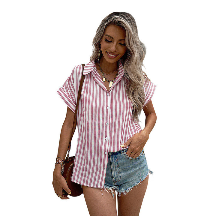 Short-sleeved Shirt Women's Summer Striped Breasted Casual Women Blouses