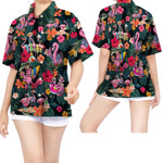 Flamingo Hibiscus Tropical Leaves Women Hawaiian Shirt For Girls In Summer
