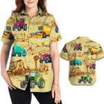 Farmer Tractor Field Farm Image Background Women Button Up Hawaiian Shirt For Farm Lovers In Daily Life Unique Gifts