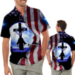 Jesus Christ Cross Moon American Flag Cracked Metal Men Button Up Hawaiian Shirt For God Lovers In Summer And Daily Life