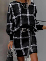 Checkered Casual Long Sleeve Round Neck Dresses Set