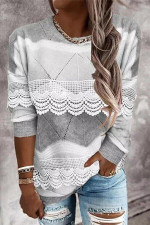 Fashion Pullover Patchwork Lace Tops Elegant Long Sleeve O-Neck Long Sleeve Sweatshirts
