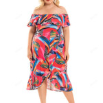 Short Sleeve Ruffle Large Print Dress