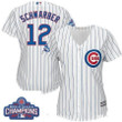 Women's Chicago Cubs #12 Kyle Schwarber Majestic Home White 2016 World Series Champions Team Logo Patch Player Jersey MLB- Women's