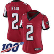 Nike Falcons #2 Matt Ryan Red Team Color Women's Stitched NFL 100th Season Vapor Limited Jersey NFL- Women's