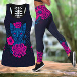 Cat & Flower Tattoos Combo Outfit Legging + Hollow Tank For Women Pl