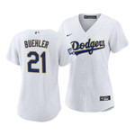 Women La Dodgers Walker Buehler #21 2021 Gold Program White Gold MLB Jersey
