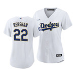 Women La Dodgers Clayton Kershaw #22 2021 Gold Program White Gold MLB Jersey