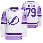 Ross Colton Tampa Bay Lightning 2021 HockeyFightsCancer White 79 Primegreen Jersey