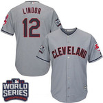 Men's Cleveland Indians #12 Francisco Lindor Gray Road 2016 World Series Patch Stitched Mlb Majestic Cool Base Jersey Mlb