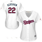 Women's Los Angeles Dodgers #22 Clayton Kershaw White Stars & Stripes Fashion Independence Day Stitched MLB Majestic Cool Base Jersey MLB- Women's