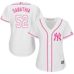 Yankees #52 C.C. Sabathia White Pink Fashion Women's Stitched Baseball Jersey Mlb- Women's