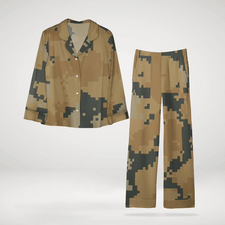 Fine Army Style Long Sleeve Fleece Pyjamas Made Of Satin Silk