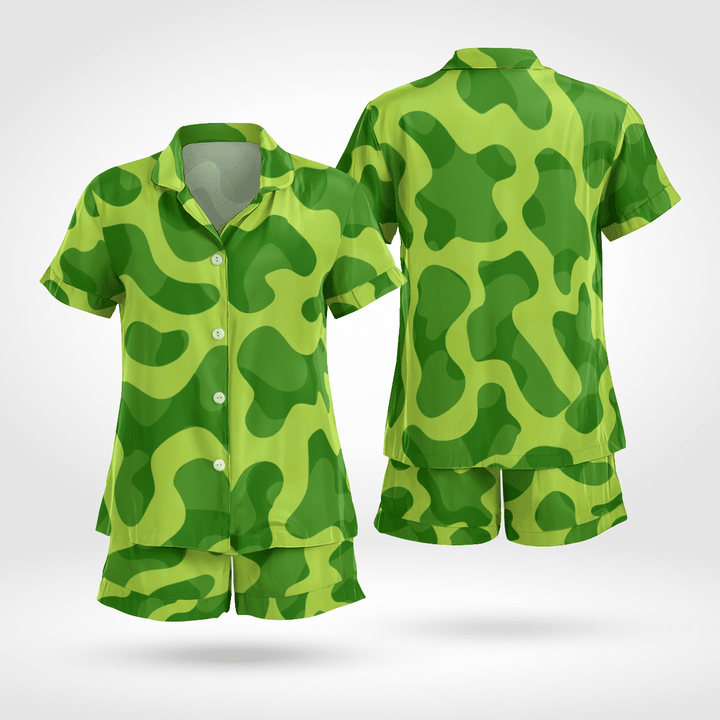 Army Style Short Sleeve Button Up Pyjama Set Made Of Satin Silk