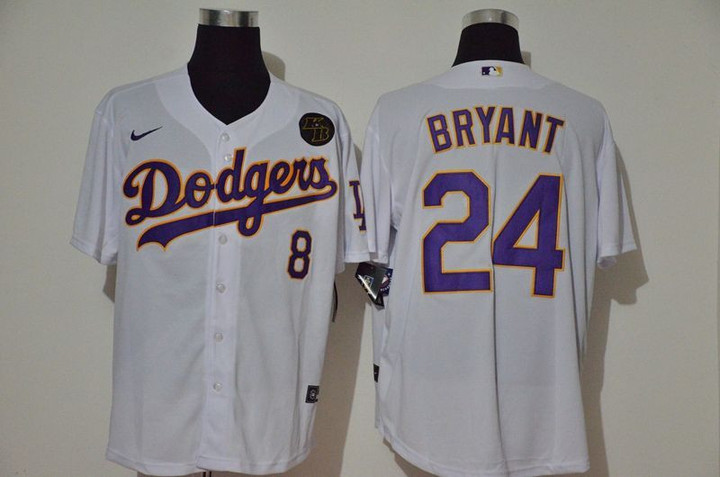 Men's Los Angeles Dodgers #24 Kobe Bryant White Kb Patch Stitched Mlb Cool Base Nike Jersey With Front Number 8 Mlb