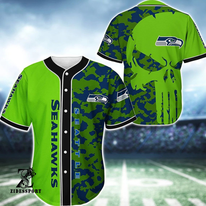 Seahawks Camo Skull Baseball Jersey | Colorful | Adult Unisex | S - 5Xl Full Size - Baseball Jersey Lf