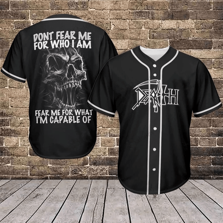 Don't Fear Me Unisex Buttoned Baseball Jersey Black Shirt | Skull Art Cotton Short Sleeve Baseball Jersey Shirt Baseball Jersey Lf