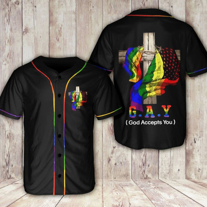 Lgbt Cross Gay God Accepts You Baseball Jersey | Colorful | Adult Unisex | S - 5Xl Full Size - Baseball Jersey Lf