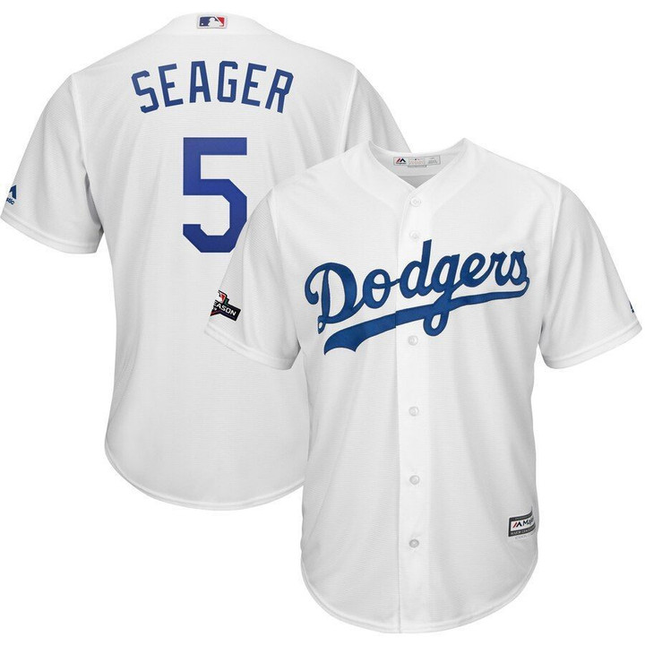 Los Angeles Dodgers #5 Corey Seager Majestic 2019 Postseason Home Official Cool Base Player White Jersey Mlb