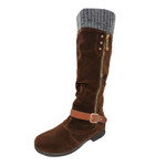 Women Leather Flat Heel Knitted Mid-Calf Zipper Boots