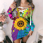 Hippie sunflower pattern Lace-Up Criss Cross Sweatshirt Dress