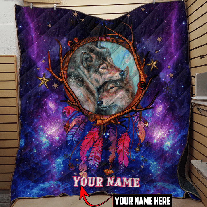Native American Wolf Dreamcatcher Purple Galaxy Customized 3D All Over Printed Quilt - 