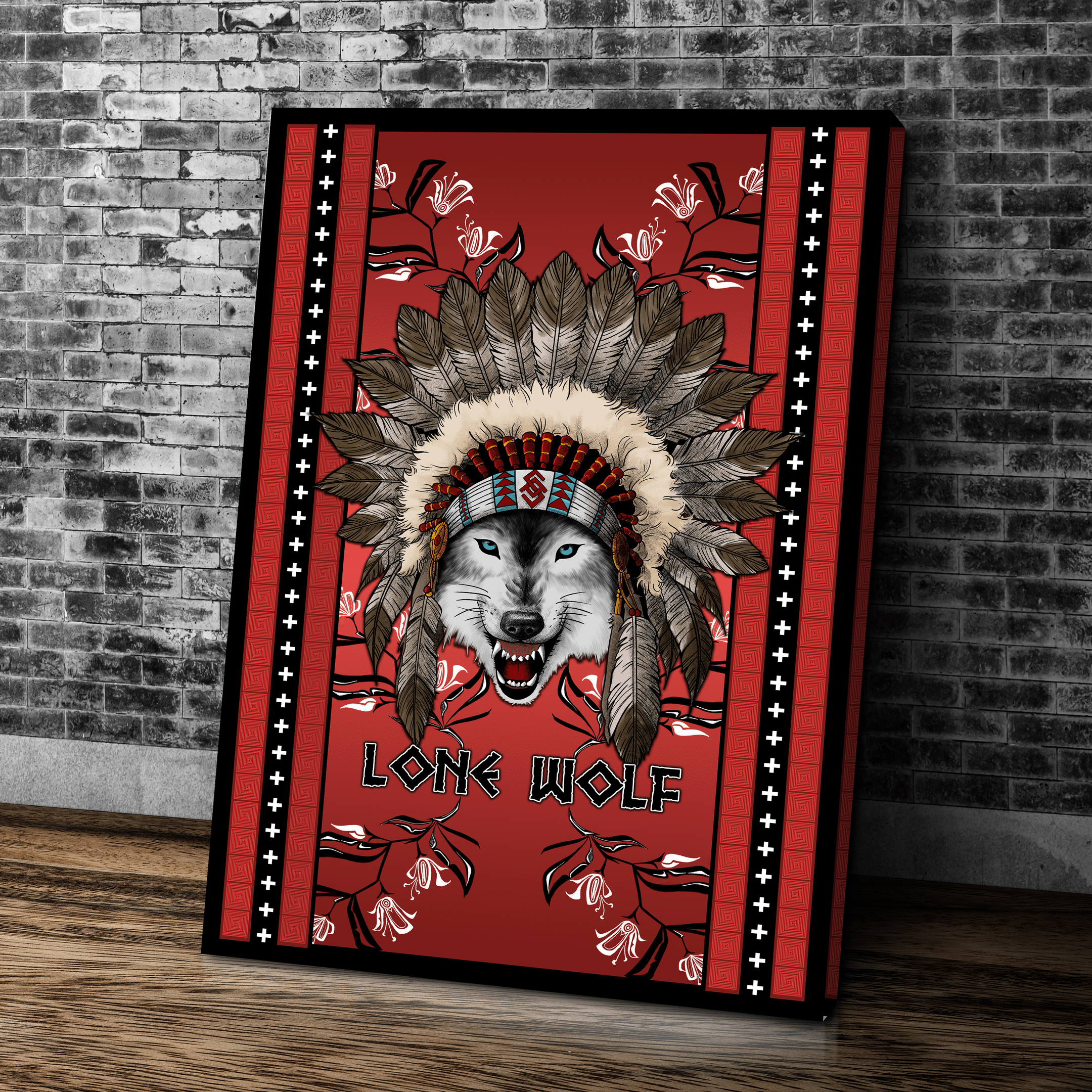 Wolf in Native American Pattern Canvas - Am Style Design