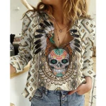 Native Skull Aztec Cotton And Linen Casual Shirt QA220806