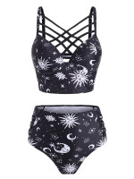 Women Cute Sun Star Moon Lattice High Waisted Bikini Set