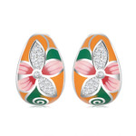 Orange Flowers Set with Zircons 925 Sterling Silver Enamel Huggie Earrings