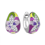 Water Drop Shape Inlaid Zircon Florets 925 Sterling Silver Enamel Huggie Earrings