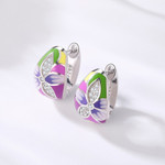 Water Drop Shape Inlaid Zircon Florets 925 Sterling Silver Enamel Huggie Earrings