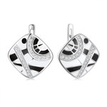 Black and White Inlaid Zircon Geometric Pattern Square Earrings 925 Sterling Silver Enamel Huggie Earrings